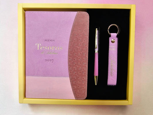 Set de regalo Libreria Wow con agenda 2027 rosa y malva, bolígrafo metálico y llavero de cuero sintético a juego.
