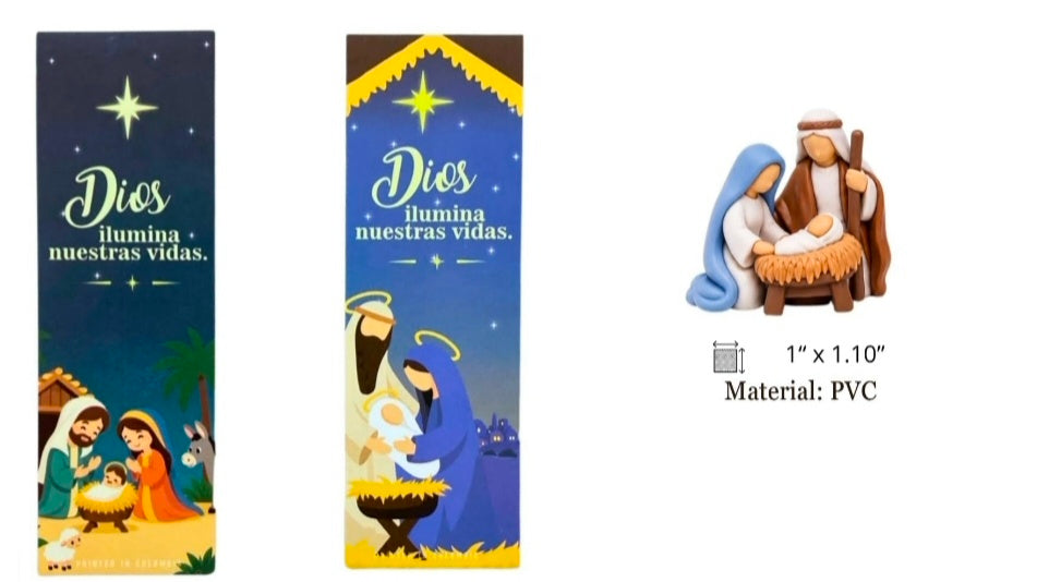 Set de Libreria Wow con dos marcapáginas de la Sagrada Familia y una figura decorativa de PVC del Nacimiento navideño.