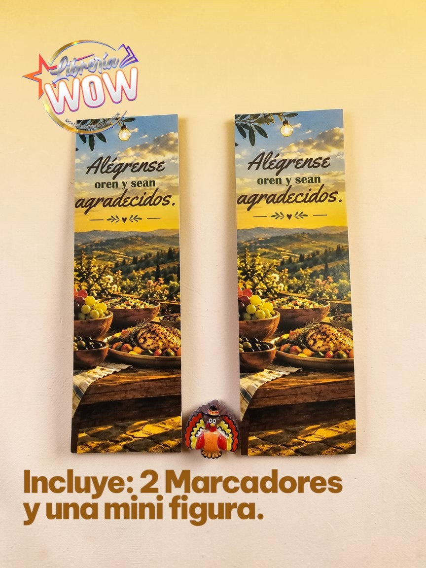 Set de dos marcapáginas Libreria Wow con diseño de banquete otoñal y frase inspiradora, incluye figura de pavo