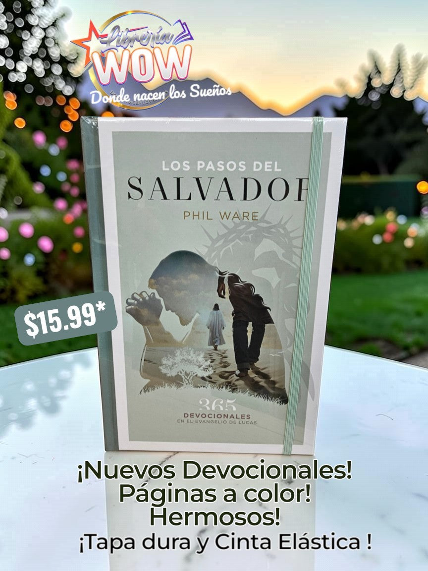 Los Pasos del Salvador hardcover devotional book by Phil Ware with a green elastic band and full-color pages.