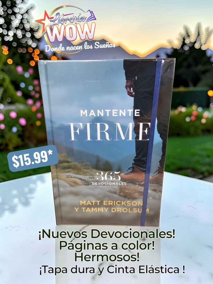 Mantente Firme 365-day devotional hardcover book with a blue elastic strap and scenic mountain cover design.