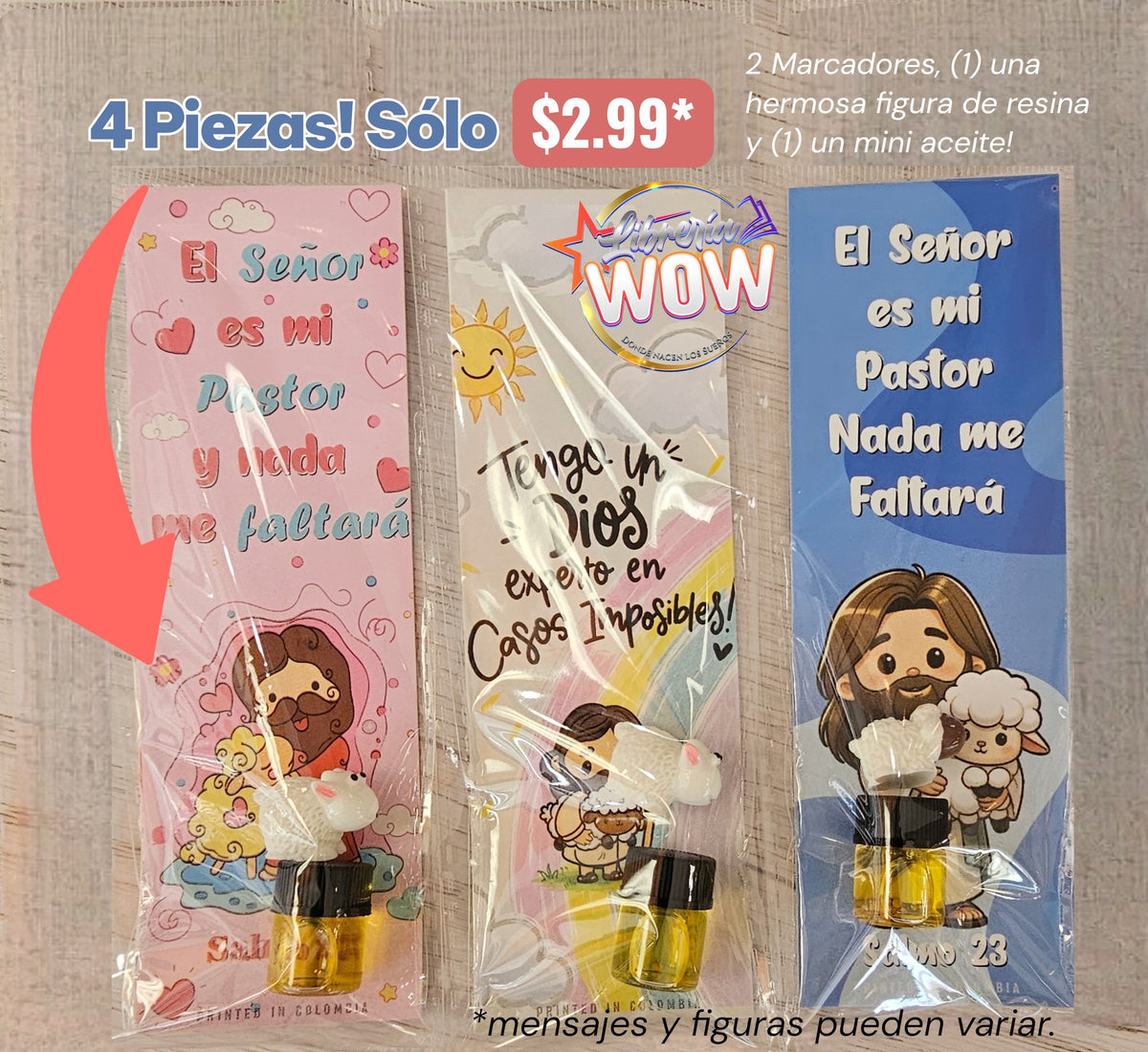 Four-piece religious gift set featuring illustrated bookmarks with Bible verses, resin figurines, and mini anointing oil.